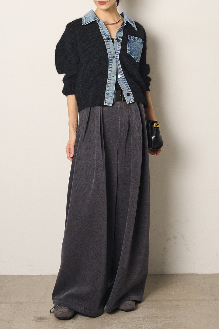 [SET]襟付きデニム切替ニットカーディガン+ベルトループコーデュロイワイドパンツ(2set)