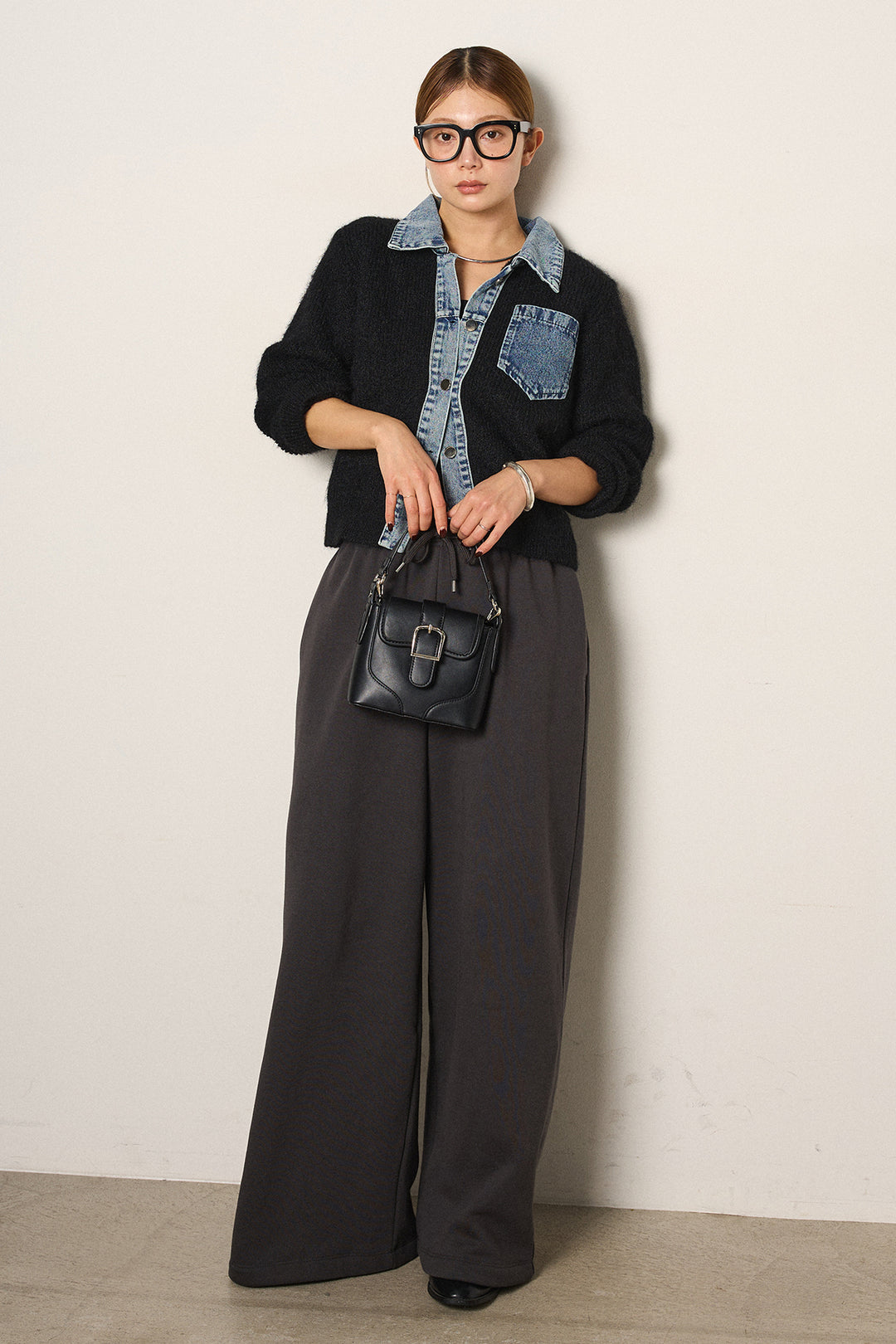 [SET]襟付きデニム切替ニットカーディガン+裏起毛スウェットワイドパンツ(2set)