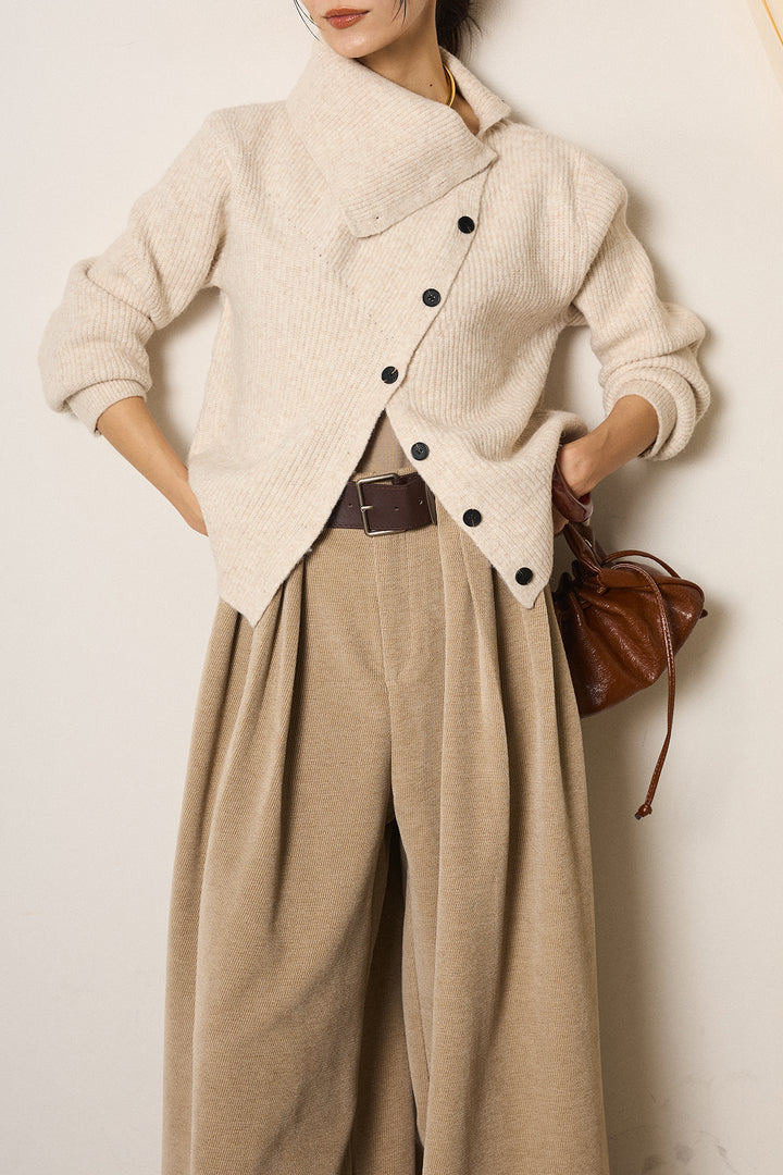[SET]ボタンデザインネックニットプルオーバー+ベルトループコーデュロイワイドパンツ(2set)