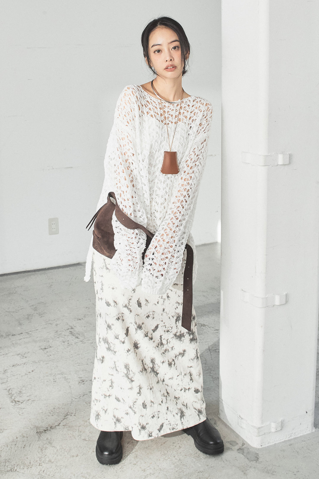 [SET]リラックスメッシュニットトップス+タイダイ柄ベロアワイドスカート(2set)