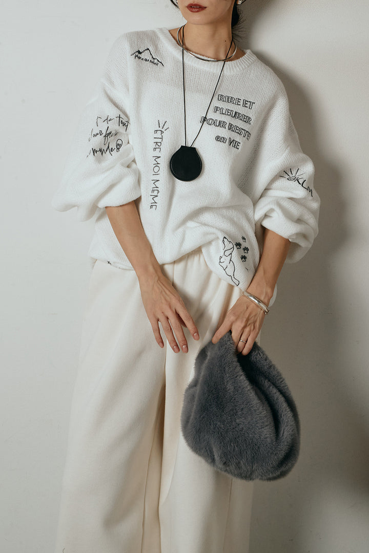 [SET]刺繍ロゴランダムデザインニットトップス+裏起毛スウェットワイドパンツ(2set)