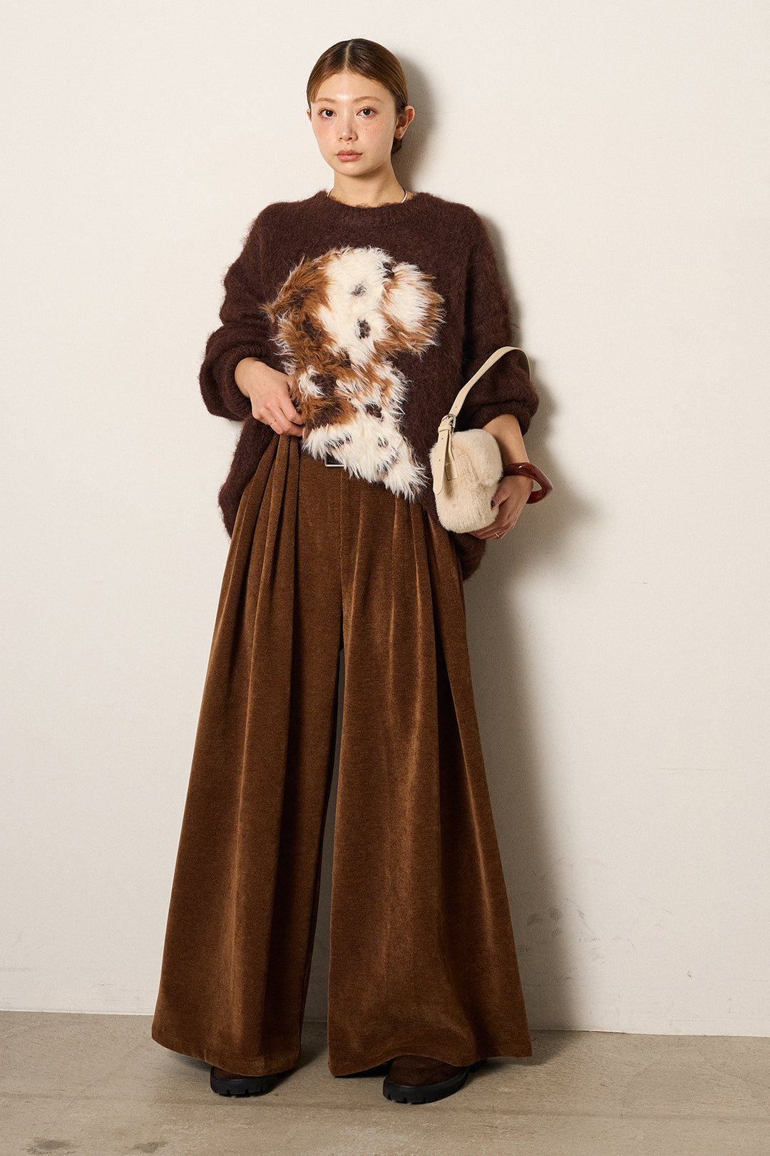 [SET]シャギーニュアンスアニマルニット+ベルトループコーデュロイワイドパンツ(2set)