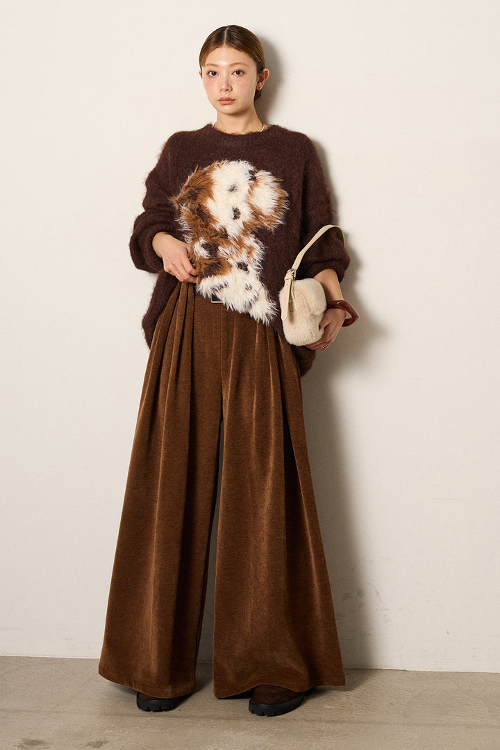 [SET]シャギーニュアンスアニマルニット+ベルトループコーデュロイワイドパンツ(2set)