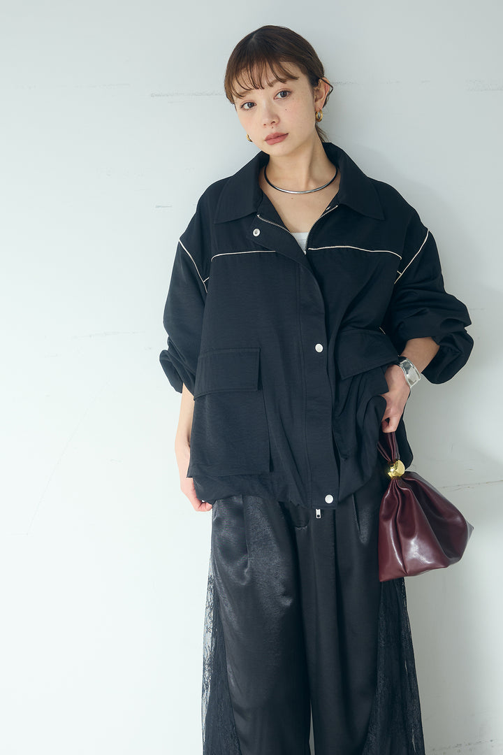 [SET]合繊ツイルバルーンジャケット+サテンレース切り替えタックパンツ(2set)