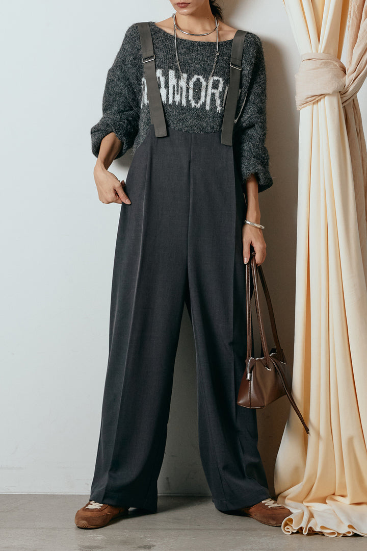 [SET]フロントロゴデザインニットトップス+ワイドツイルサロペット(2set)