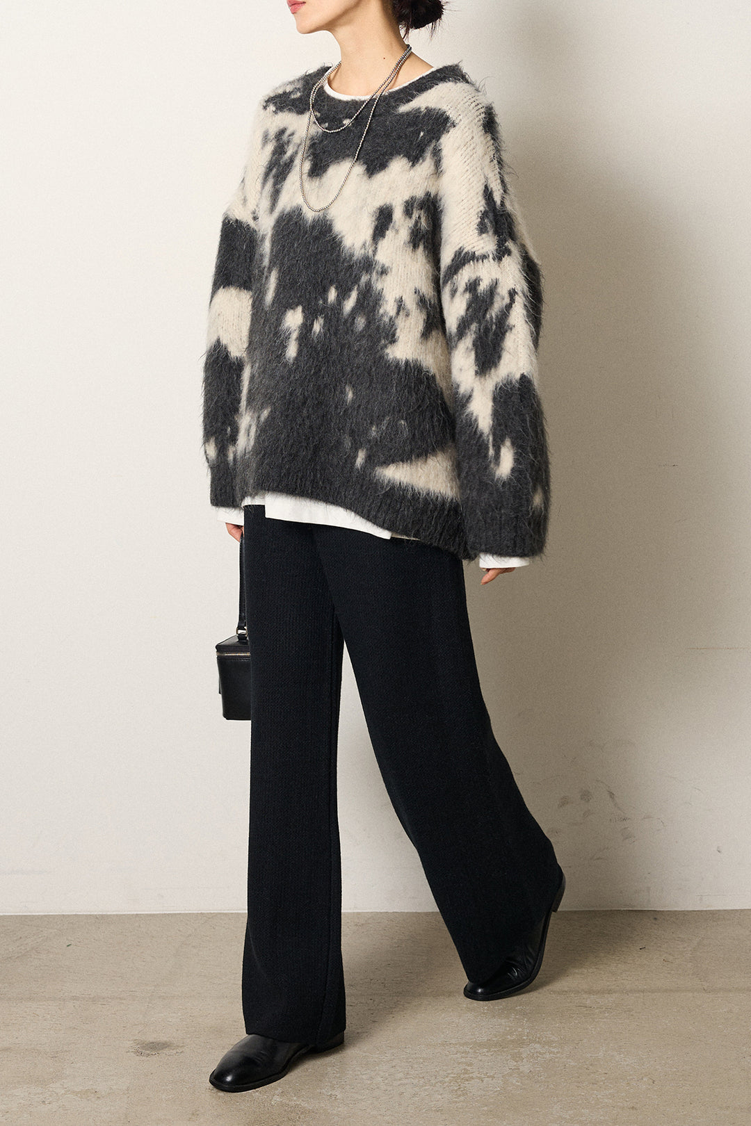 [SET]モヘアタッチマーブルニット+ワイドリブニットイージーパンツ(2set)