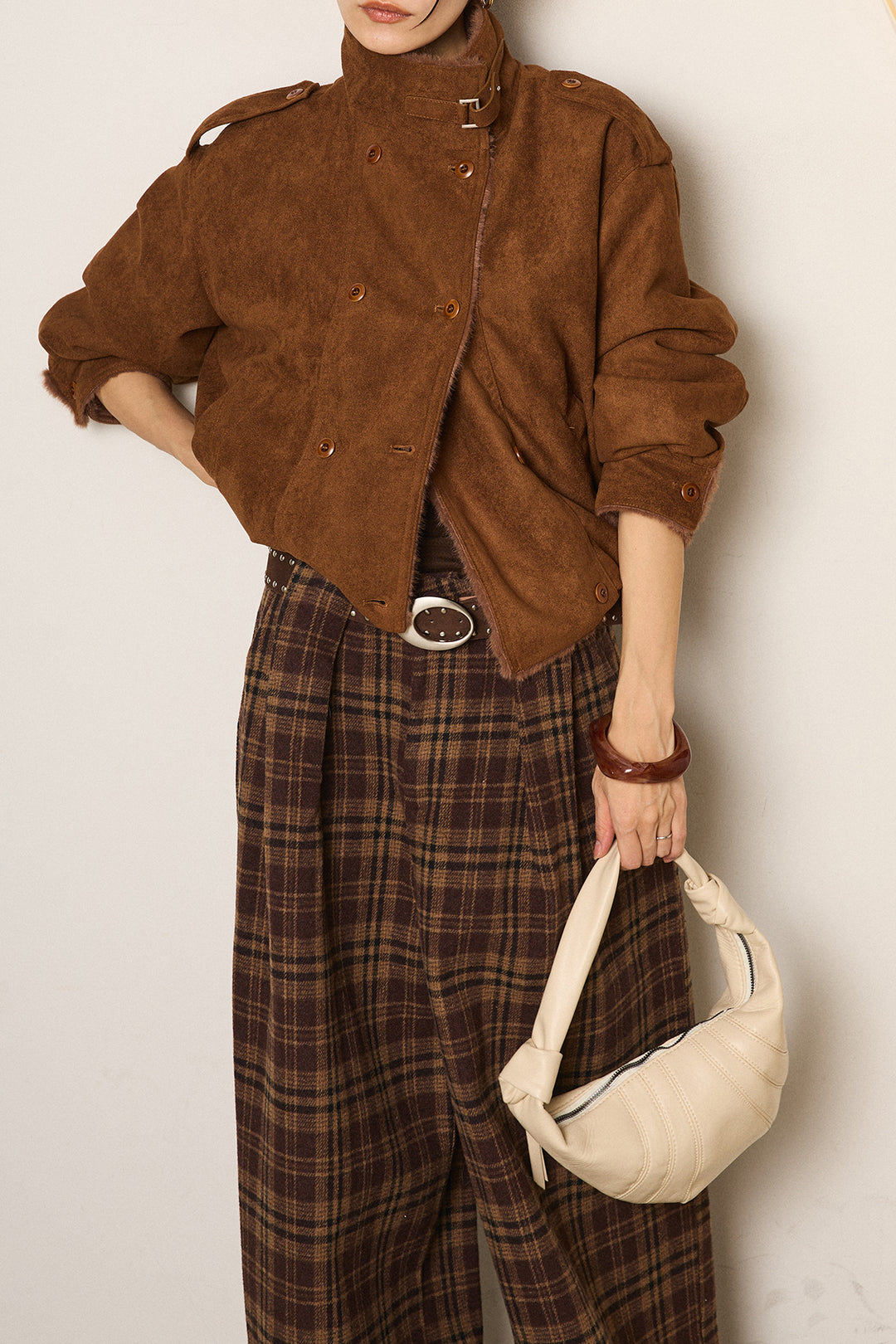 [SET]スタンド襟スウェードライクアウター+スタッズデザインベルトタータンチェックパンツ(2set)