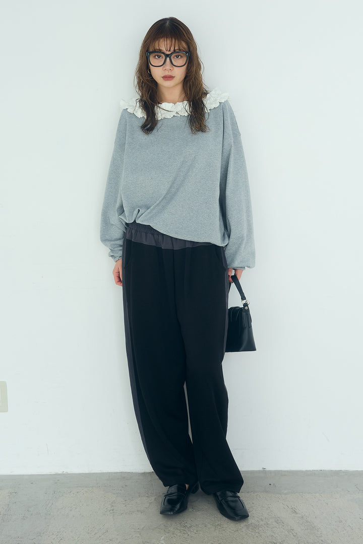 [SET]ネックギャザーフリルスウェット+異素材切り替えスウェットパンツ(2set)