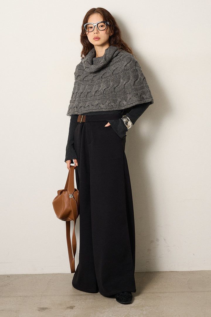 [SET]ケーブル編みケープレイヤードニット+サイドベルトパンツ(2set)