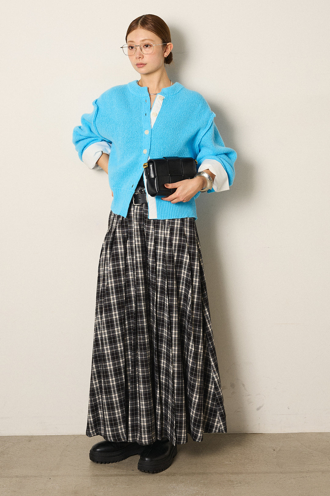 [SET]シャツドッキングニットカーディガン+ベルト付きタータンチェックプリーツスカート(2set)