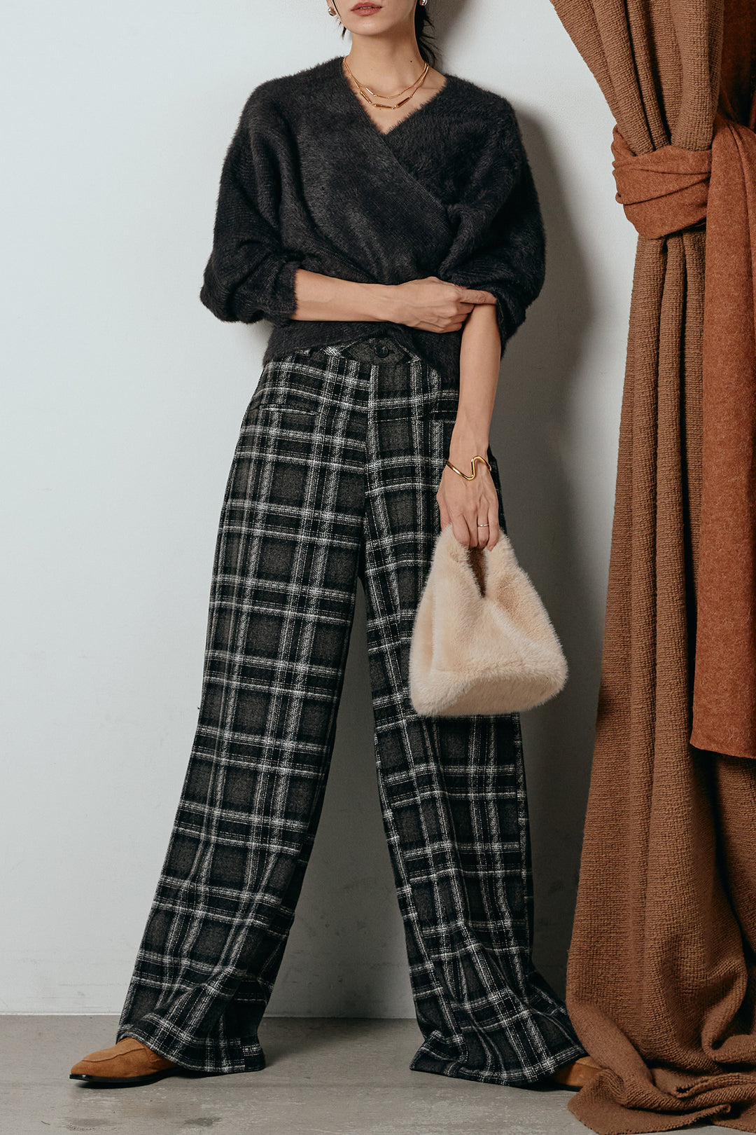 [SET]シャギーカシュクールニットトップス+ルーズタータンチェックワイドパンツ(2set)