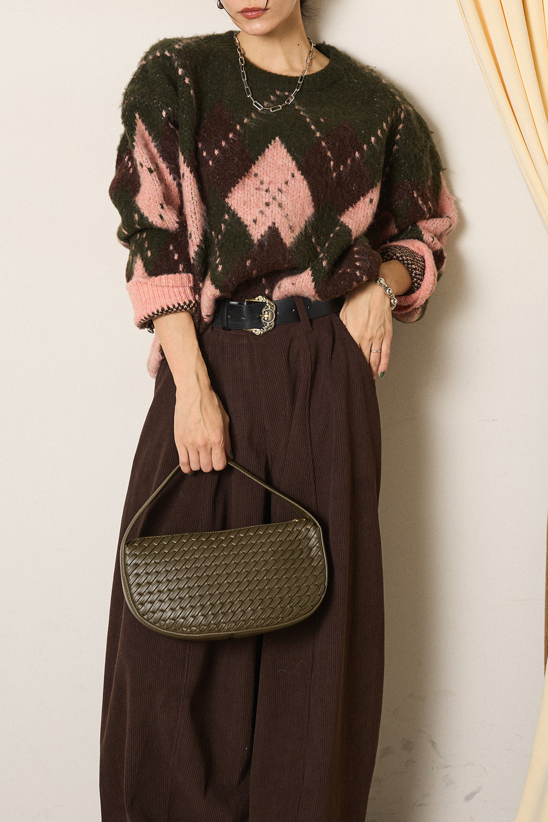 [SET]配色アーガイル柄ニットトップス+ベルト付きコーデュロイワイドパンツ(2set)