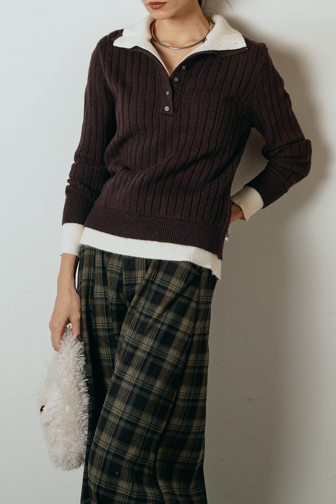 [SET]レイヤード風リブニットトップス+ベルト付きタータンチェックカーブワイドパンツ(2set)