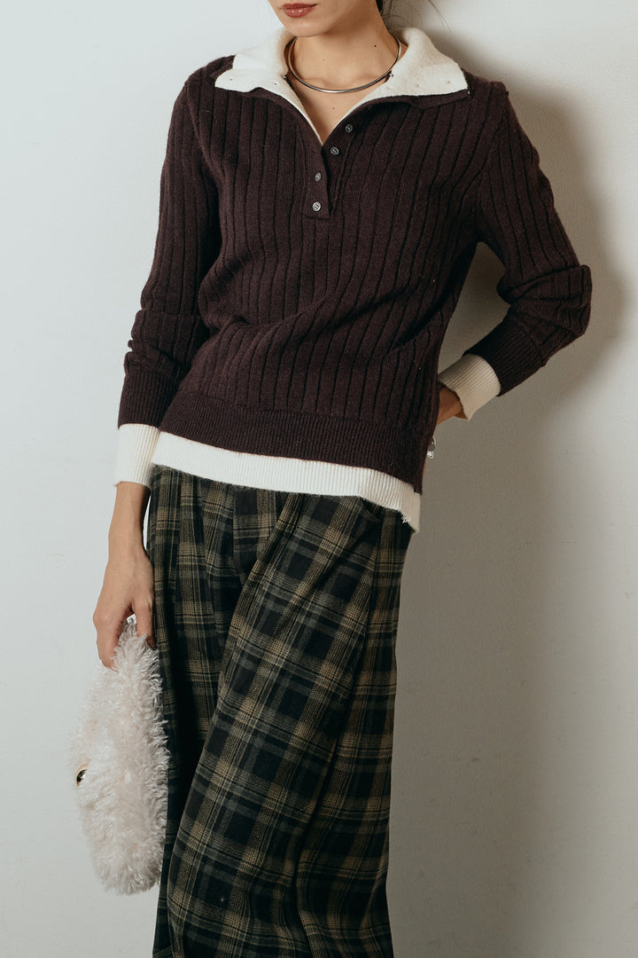 [SET]レイヤード風リブニットトップス+ベルト付きタータンチェックカーブワイドパンツ(2set)