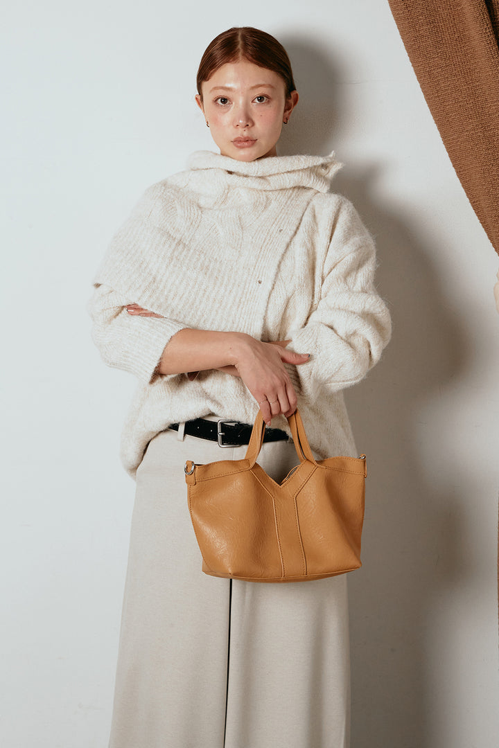 [SET]ケープデザインケーブルニットトップス+ベルト付きフロントタックデザインパンツ(2set)