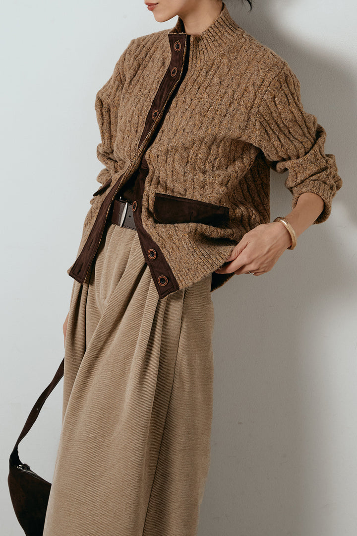 [SET]ボトルネックケーブルニットカーディガン+ベルトループコーデュロイワイドパンツ(2set)