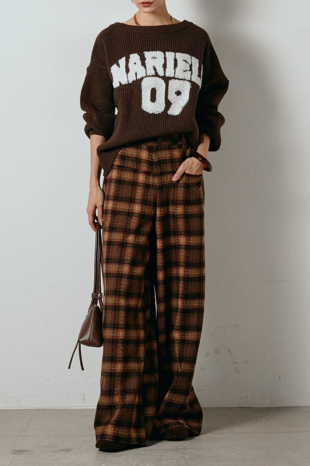 [SET]ロゴジャガードニットトップス+ルーズタータンチェックワイドパンツ(2set)