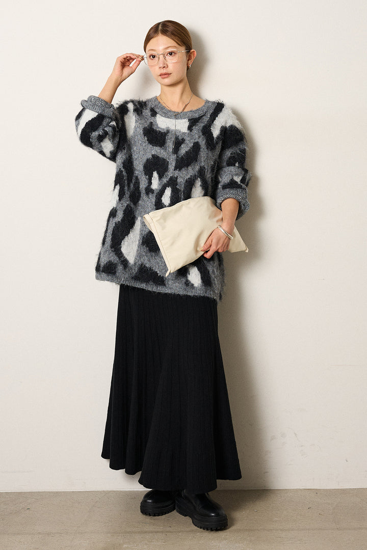 [SET]ルーズアニマルモヘアニットトップス+編み地切り替えフレアニットスカート(2set)