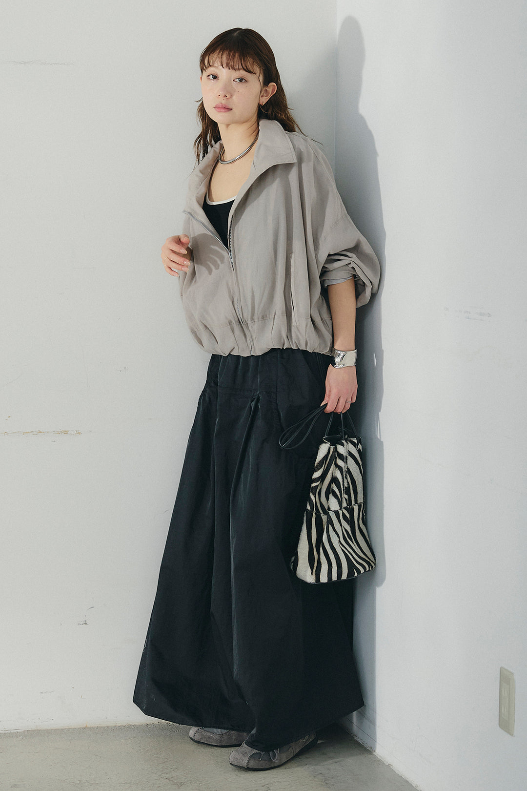 [SET]スタンドネックシアーブルゾン+ナイロンデザインフレアスカート(2set)