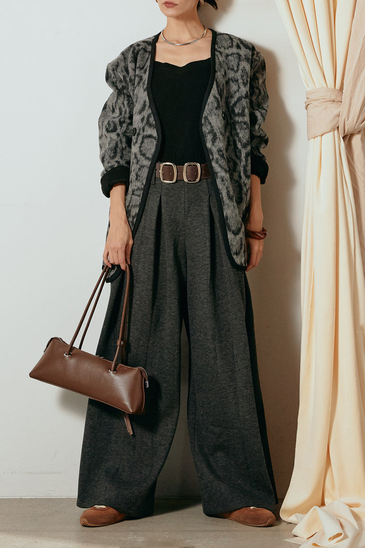 [SET]ノーカラーレオパード柄アウター+フェイクレザー太ベルト付きタックワイドパンツ(2set)
