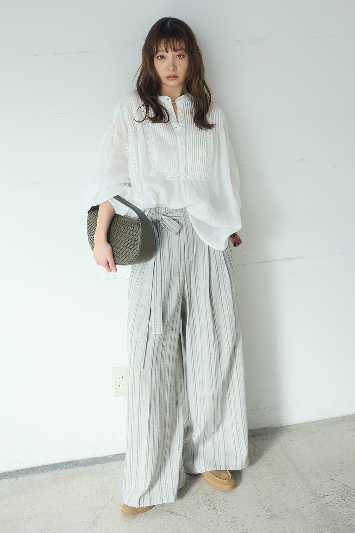 [SET]レース刺繍ラインバンドカラーシャツ+リネンライクピンストライプサイドデザインパンツ(2set)