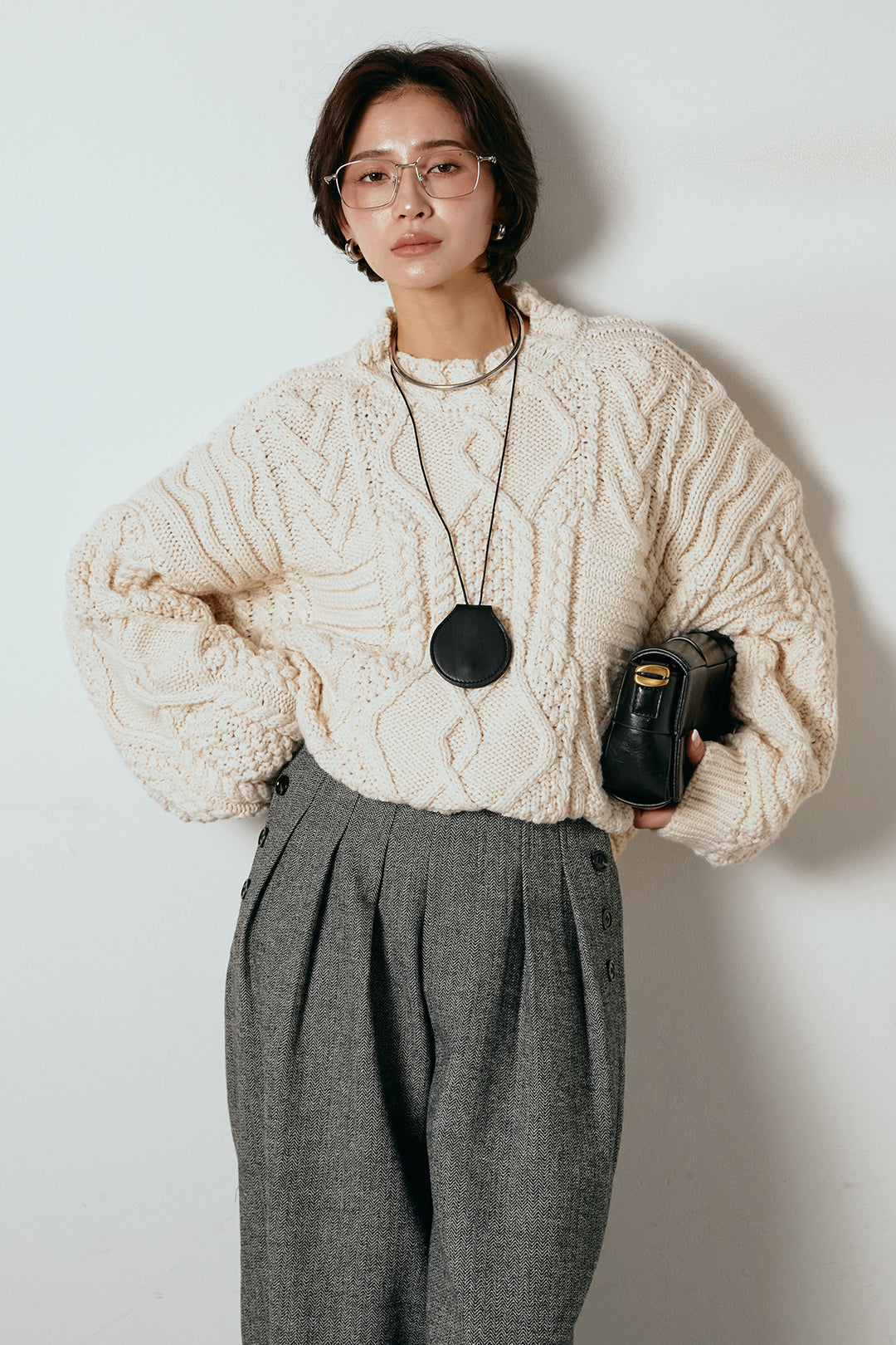 [SET]アラン柄ミックスケーブルニット+サイドボタンツイードタックパンツ(2set)