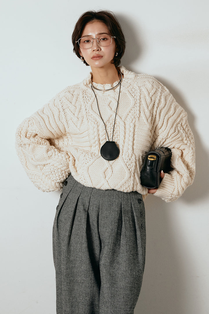 [SET]アラン柄ミックスケーブルニット+サイドボタンツイードタックパンツ(2set)