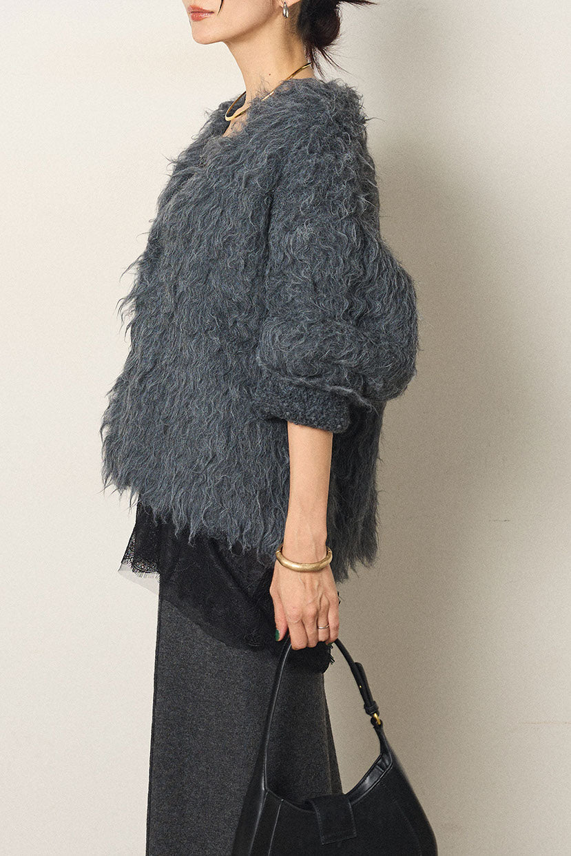 [SET]起毛シャギーニットカーディガン+レース切り替えキャミソール(2set)