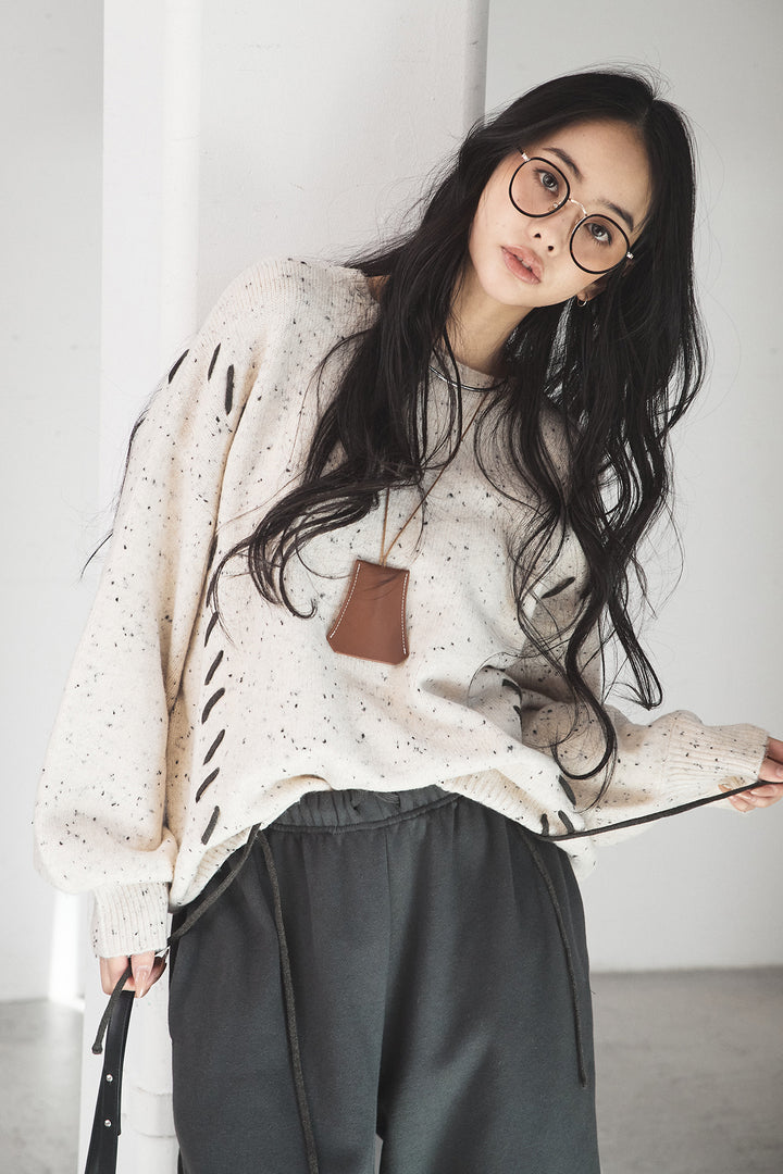 [SET]ネップ編み上げニットトップス+裏起毛スウェットワイドパンツ(2set)