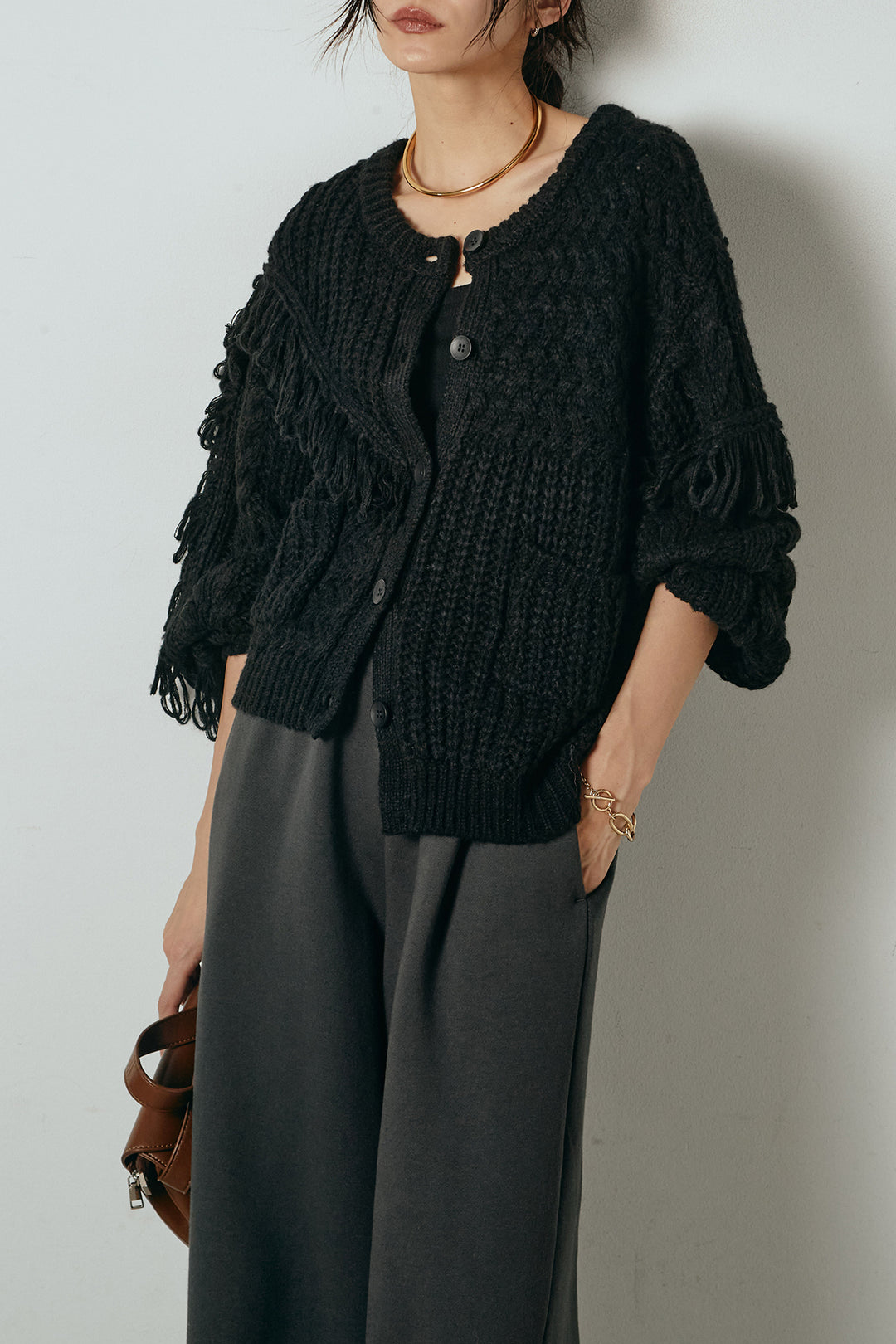 [SET]ランダムフリンジニットカーディガン+裏起毛スウェットワイドパンツ(2set)