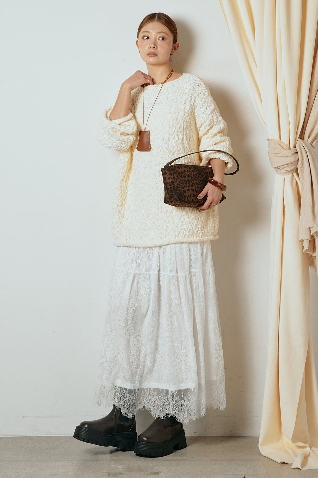 [SET]ボリューム編みニットプルオーバー+ひげレース切替ロング丈スカート(2set)