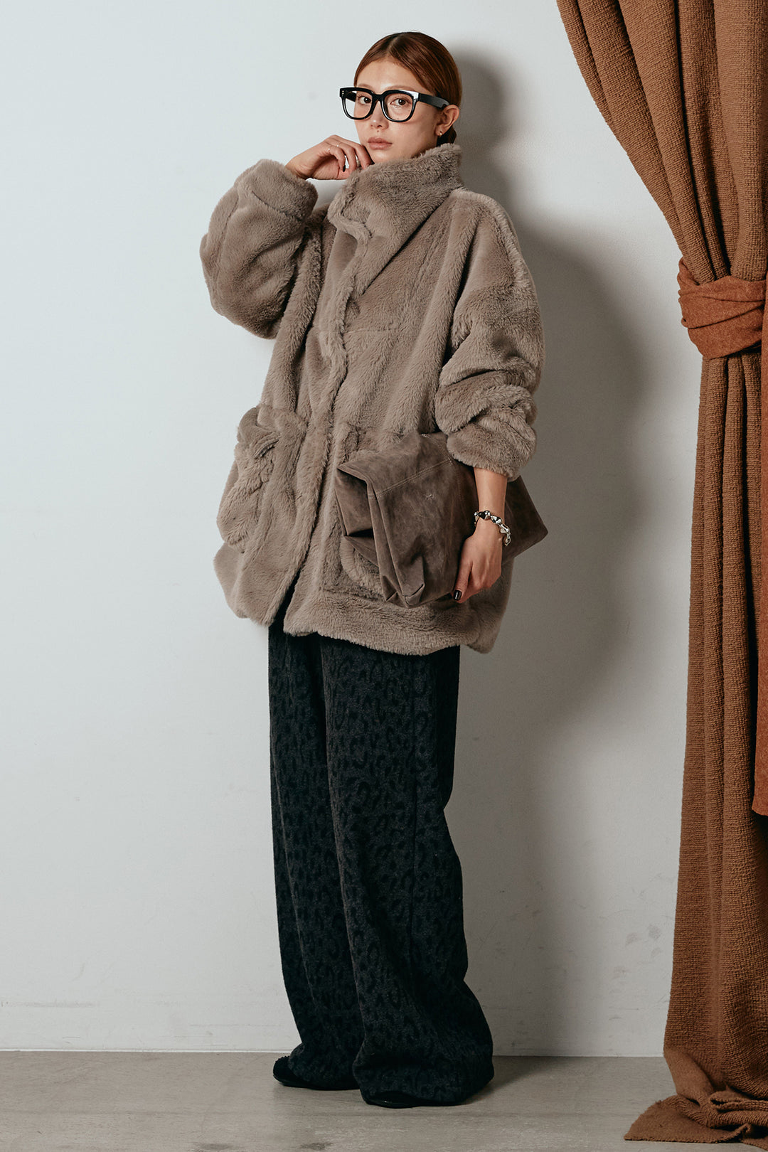 [SET]スタンドネックファーコート+レオパードジャガードニットパンツ(2set)