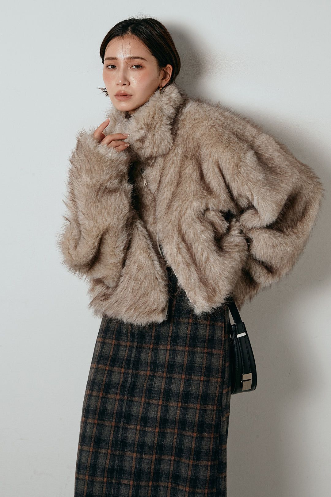 [SET]エコファーショート丈ブルゾン+シャギーチェックストレートスカート(2set)