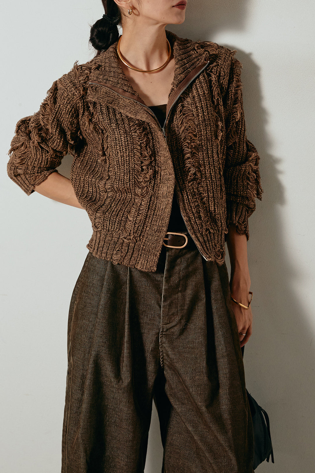 [SET]ハイネックフリンジジップニットトップス+フロントタック入りコーデュロイパンツ(2set)