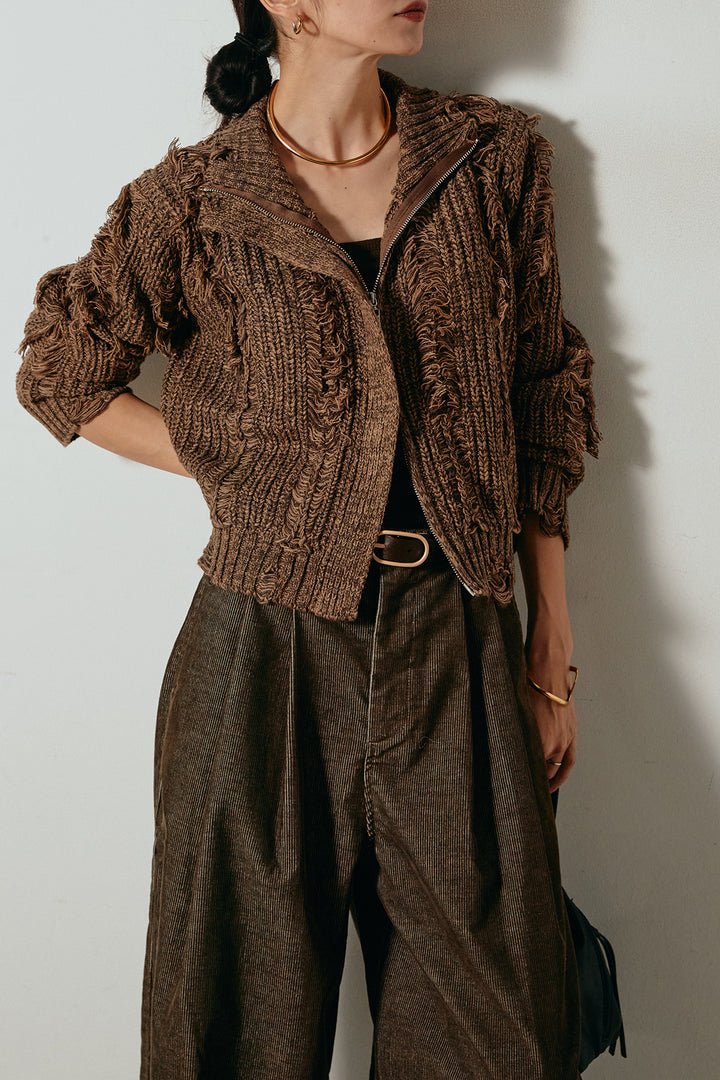 [SET]ハイネックフリンジジップニットトップス+フロントタック入りコーデュロイパンツ(2set)