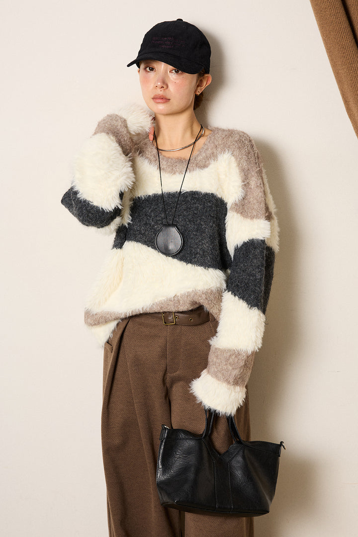 [SET]シャギーウェーブ柄クルーネックニットトップス+細ベルト付き起毛タックワイドパンツ(2set)