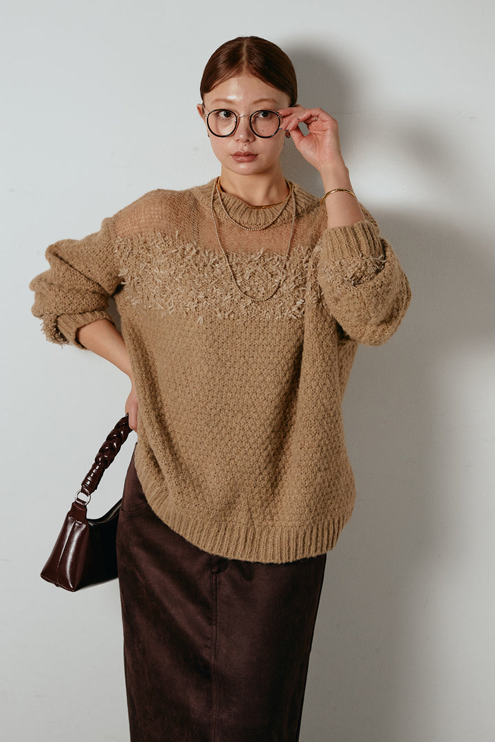 [SET]パターンランダム編みニットトップス+スウェードライク裾フリンジスカート(2set)