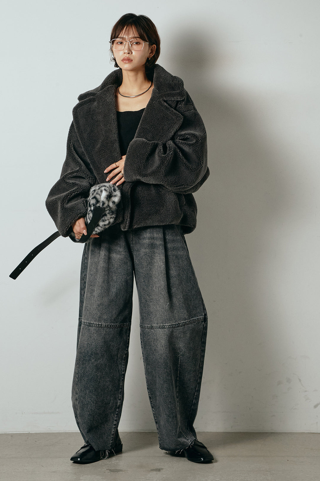 【2月中旬発送】
[SET]テディボアショートジャケット+加工デニムタックコクーンワイドパンツ(2set)