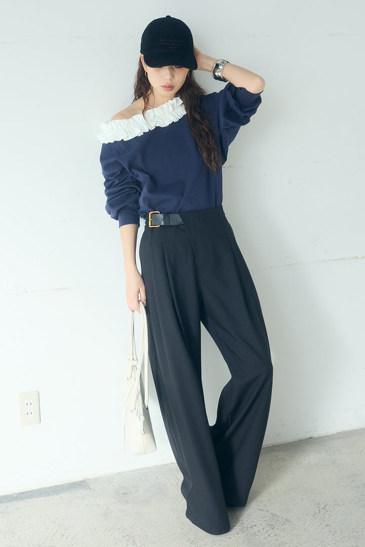 [SET]ネックギャザーフリルスウェット+サイドベルトタック入りスラックス(2set)
