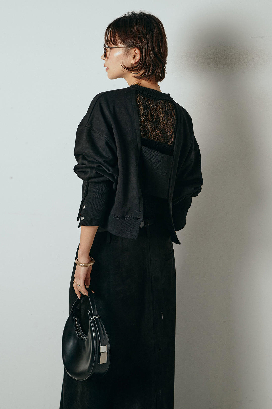 [SET]裏毛バックオープンプルオーバー+エコスウェードワイドスカート+ストレッチレースクルーネックインナー(3set)