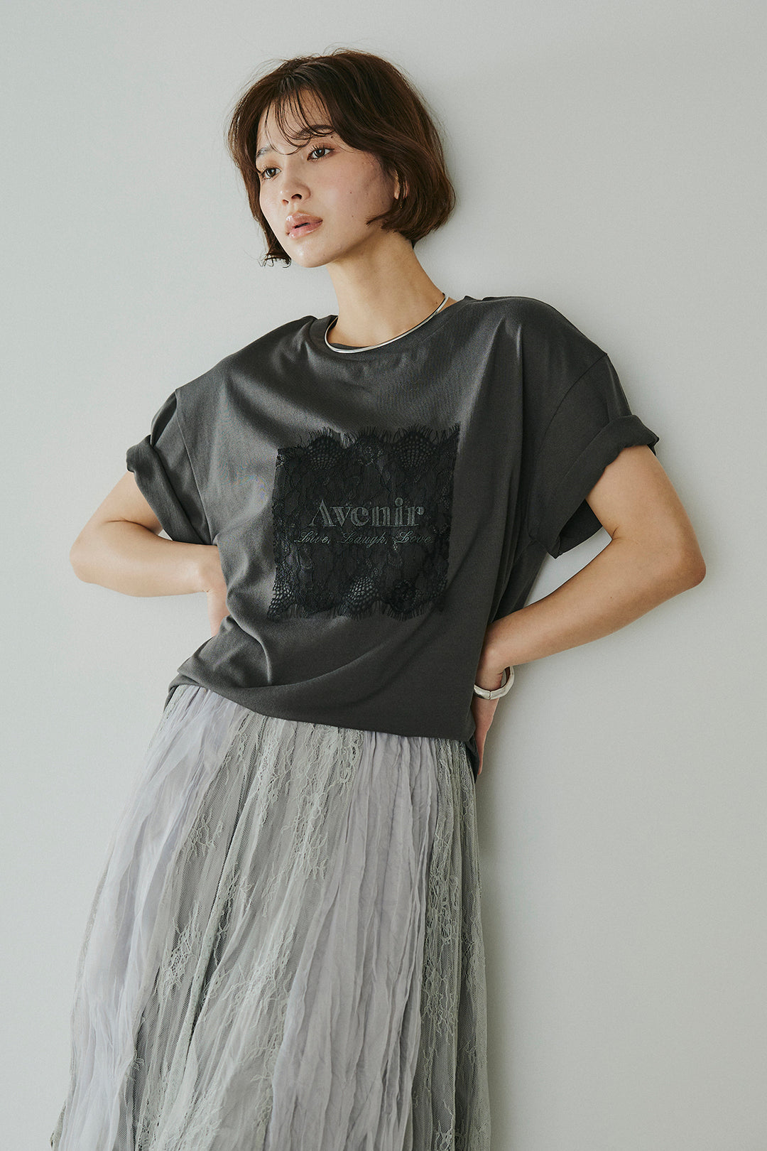 [SET]レースロゴ刺繍Tシャツ+レースコンビワッシャーギャザースカート(2set)