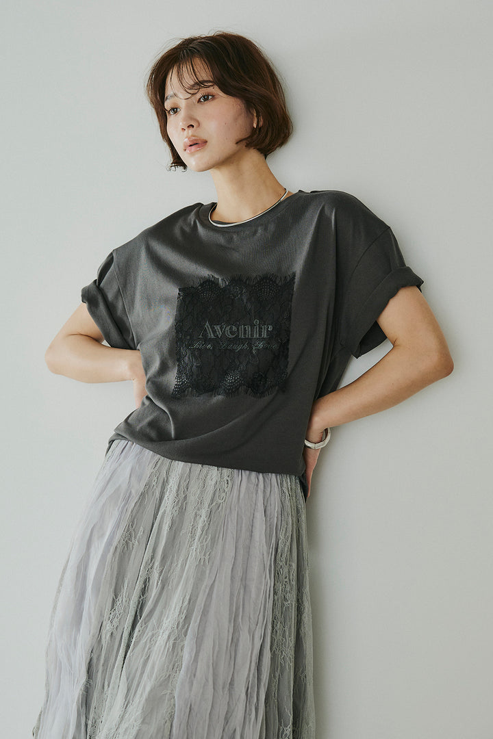 [SET]レースロゴ刺繍Tシャツ+レースコンビワッシャーギャザースカート(2set)
