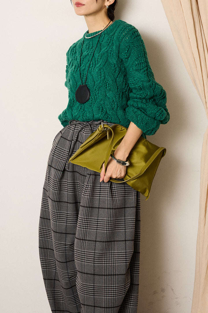 [SET]ケーブルリラックスショートニット+グレンチェックルーズタックパンツ(2set)