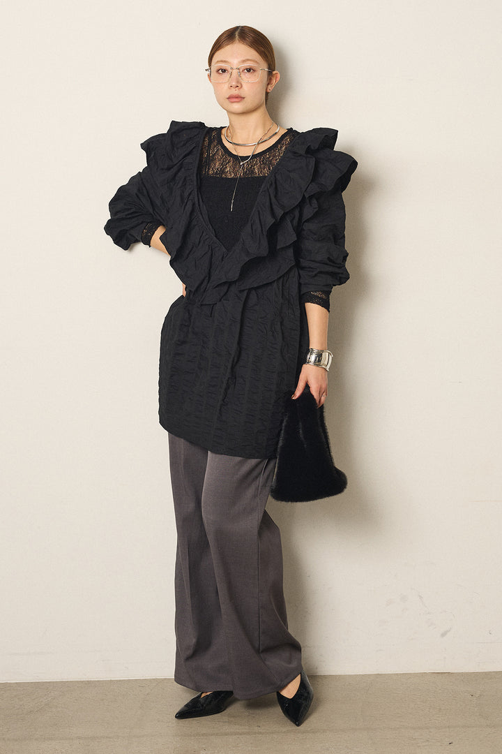 [SET]Vネックフリルカラーブラウス+ツイルスプリングカラータックパンツ(2set)