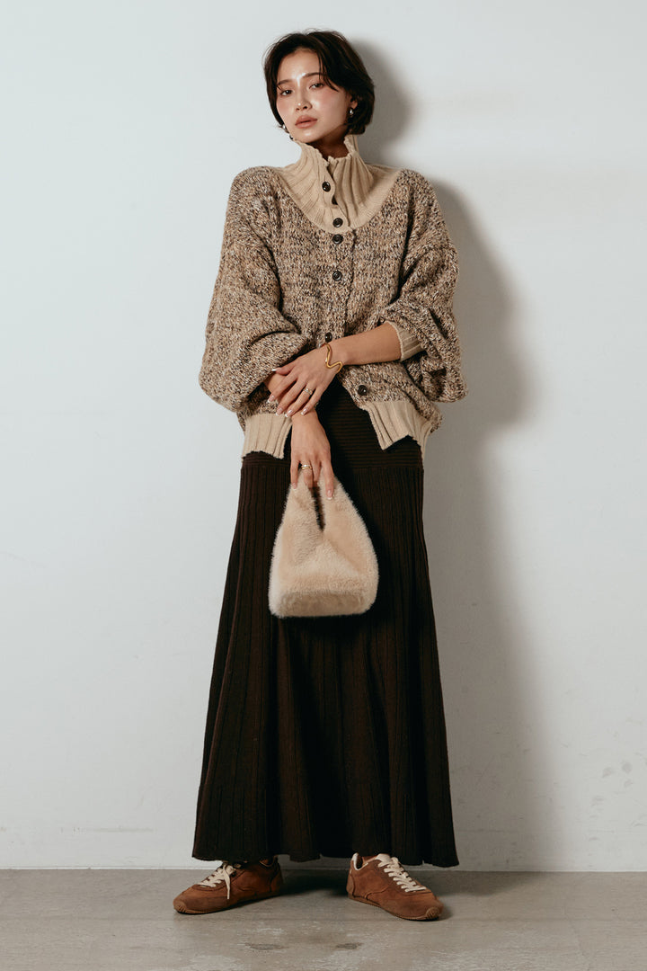 [SET]ハイネックミックスニットカーディガン+編み地切り替えフレアニットスカート(2set)