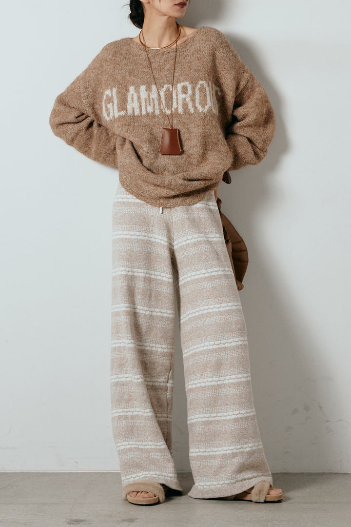 [SET]フロントロゴデザインニットトップス+マルチライン柄リラックスニットパンツ(2set)