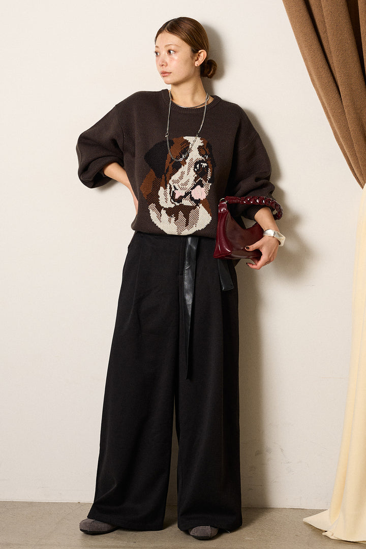 [SET]アニマルジャガード柄ニットトップス+巻ベルトウエストレザーライクワイドパンツ(2set)