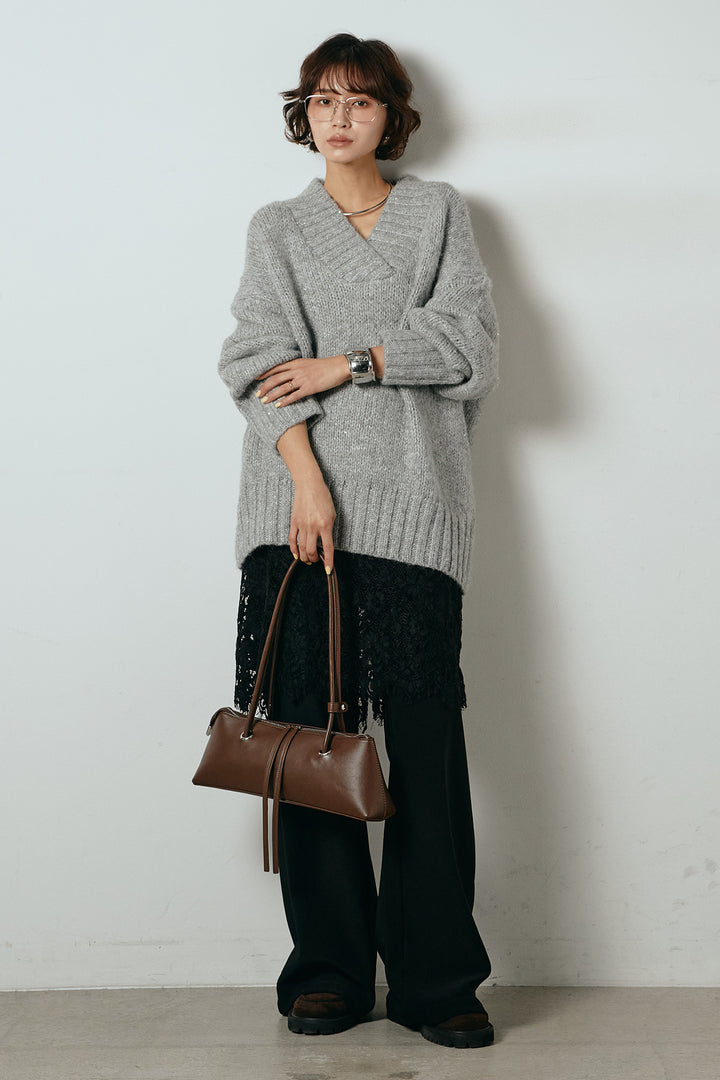 [SET]Vネックラメニットトップス+レース刺繍レイヤードフレアパンツ(2set)