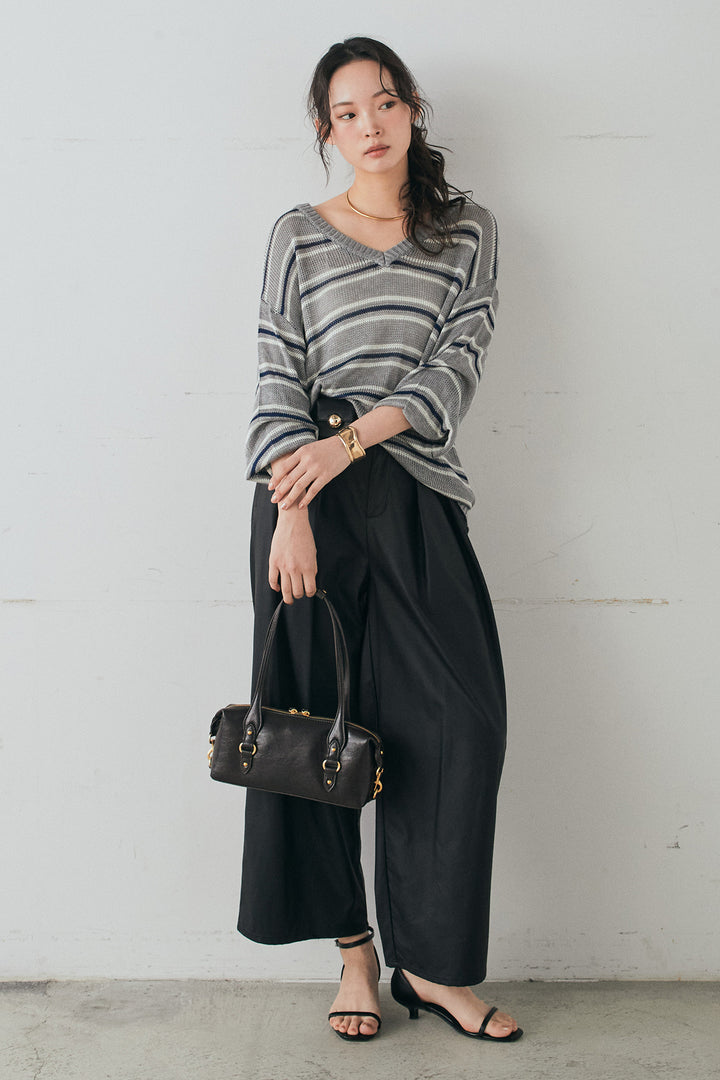 [SET]綿タッチVネックボーダートップス+ウォッシャブルエコレザータックパンツ(2set)