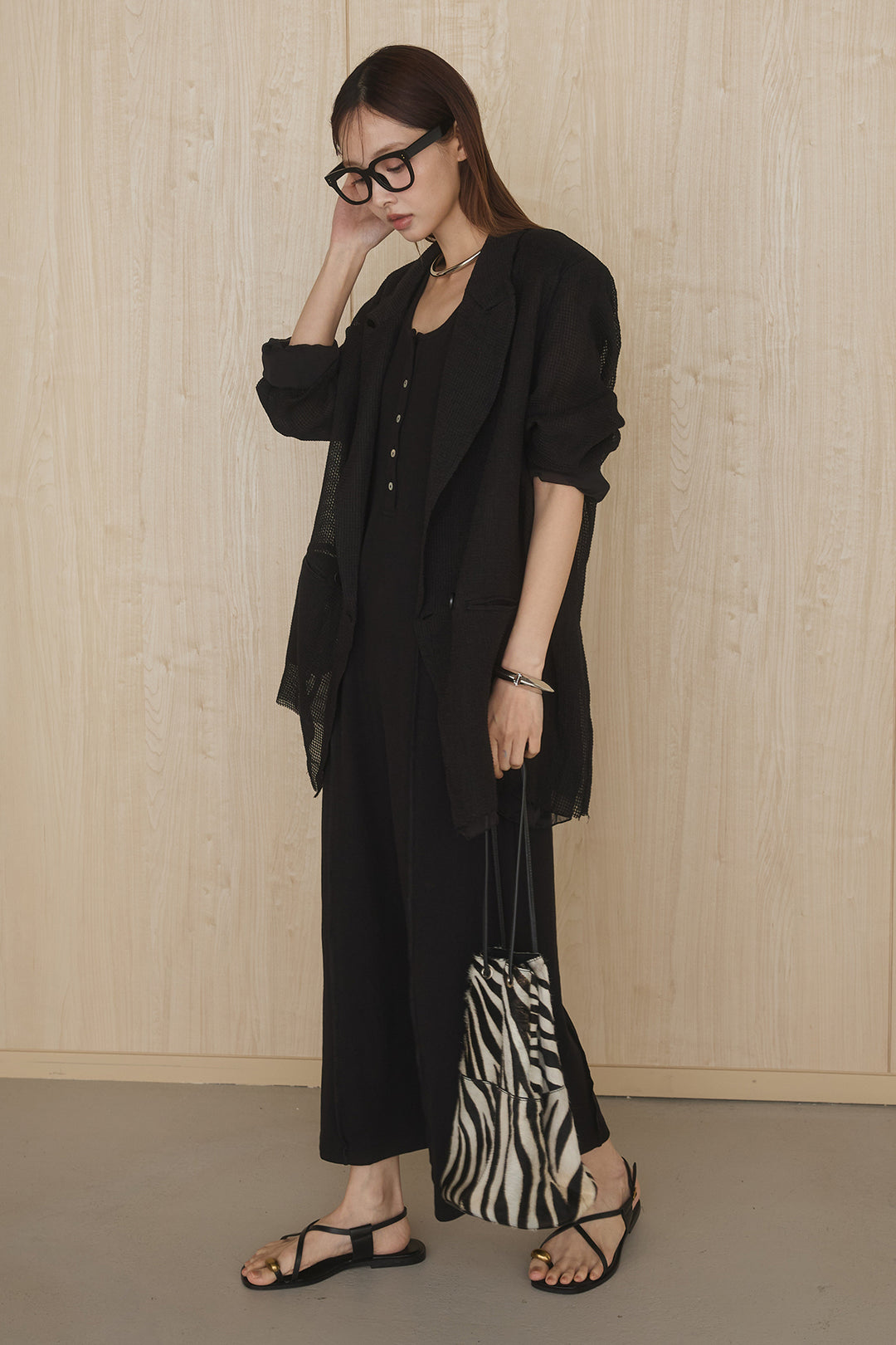 [SET]メッシュテーラードワイドジャケット+ノースリロングワンピース(2set)